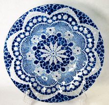 Anne C Ross Studio Art Fused Glass Dish Cobalt Geometric Lace Design 6.75&quot; - £14.35 GBP