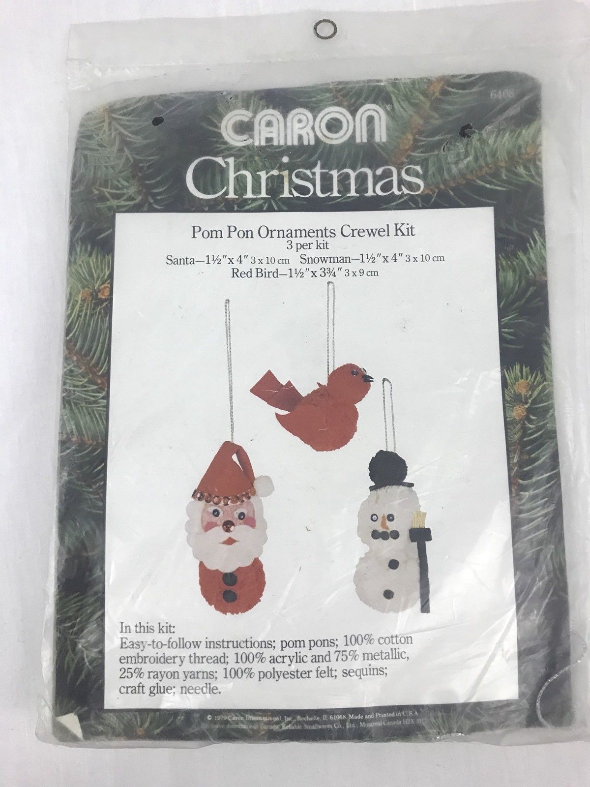Caron Christmas Pom Pon Ornaments Crewel Kit Santa Snowman Red Bird Vintage 1979 - $9.97