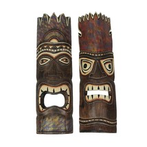 Set of 2 Hand Carved Brown Wood Polynesian Style Tiki Masks 20 Inches High - £38.54 GBP