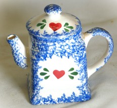 Blue Sponge &amp; White Teapot Red Hearts Tea Pot Ceramic - $16.82
