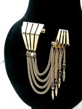 Rare Monet Duette Fur Dress Clip Art Deco Style Gold Tone Circa 40s Dangles - £157.11 GBP