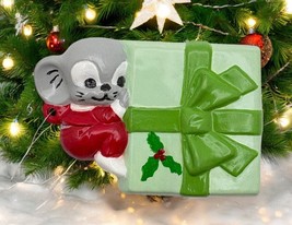 Vintage Christmas Mouse Ornament With Gift &amp; Holly Design Hand Painted - $11.87