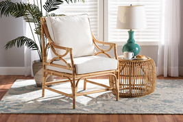Legende White Fabric Upholstered and Natural Brown Rattan Armchair - $11,356.46 MXN