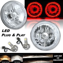 7&quot; Red LED Halo Angel Eye 12V Headlight Headlamp w/ 6k LED H4 Light Bulbs Pair - £102.19 GBP
