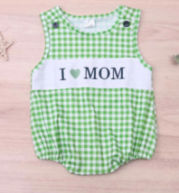 NEW Boutique Embroidered &#39;I Love Mom&#39; Baby Boys Plaid Romper Jumpsuit - $16.99