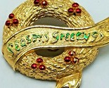 Vintage Signed Gerry&#39;s Christmas Pin Brooch Goldtone Wreath Seasons Gree... - $9.85