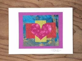 Heart Collage No.2-Fuchsia Heart on Gold Aqua Marble Paper Art / Greeting Card - £10.98 GBP