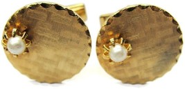 Vintage Cufflinks Round Imitation Pearl Cut Wave Edge Gold Tone Pat Pend - £15.48 GBP