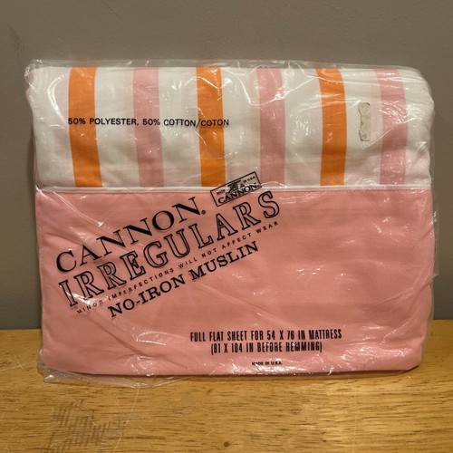 Vintage Cannon Muslin Pink Orange Stripes Full Flat Sheet Irregular Cott... - $24.74