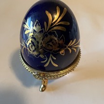Vintage Cobalt Blue Egg Trinket Box Hinged Footed Gold - £11.08 GBP