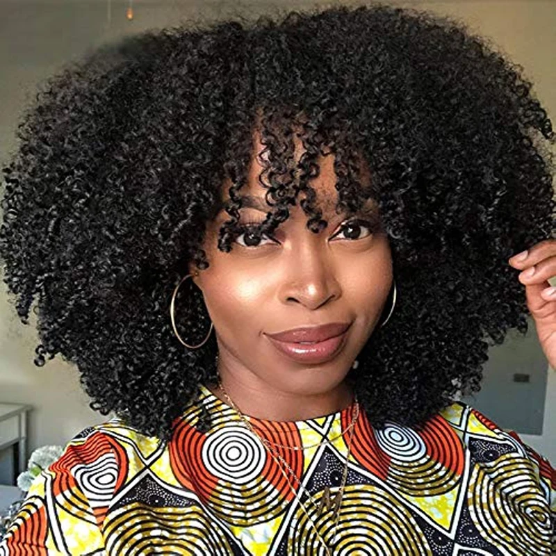 Afro Kinky Curly Human Hair Wigs with Bangs Short Brazilian Remy Human Hair 200% - £61.65 GBP+