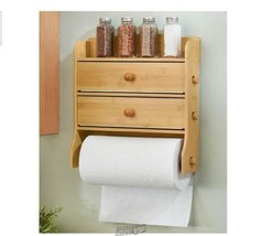 Wall Mounted Bamboo Paper Towel Holder with Dispenser Drawers Kitchen Sp... - £37.87 GBP