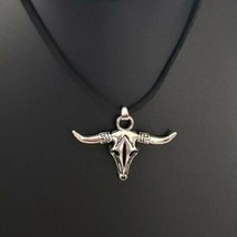 Longhorn Skull Silver Tone Pendant with Black Cord Necklace - New - £11.06 GBP