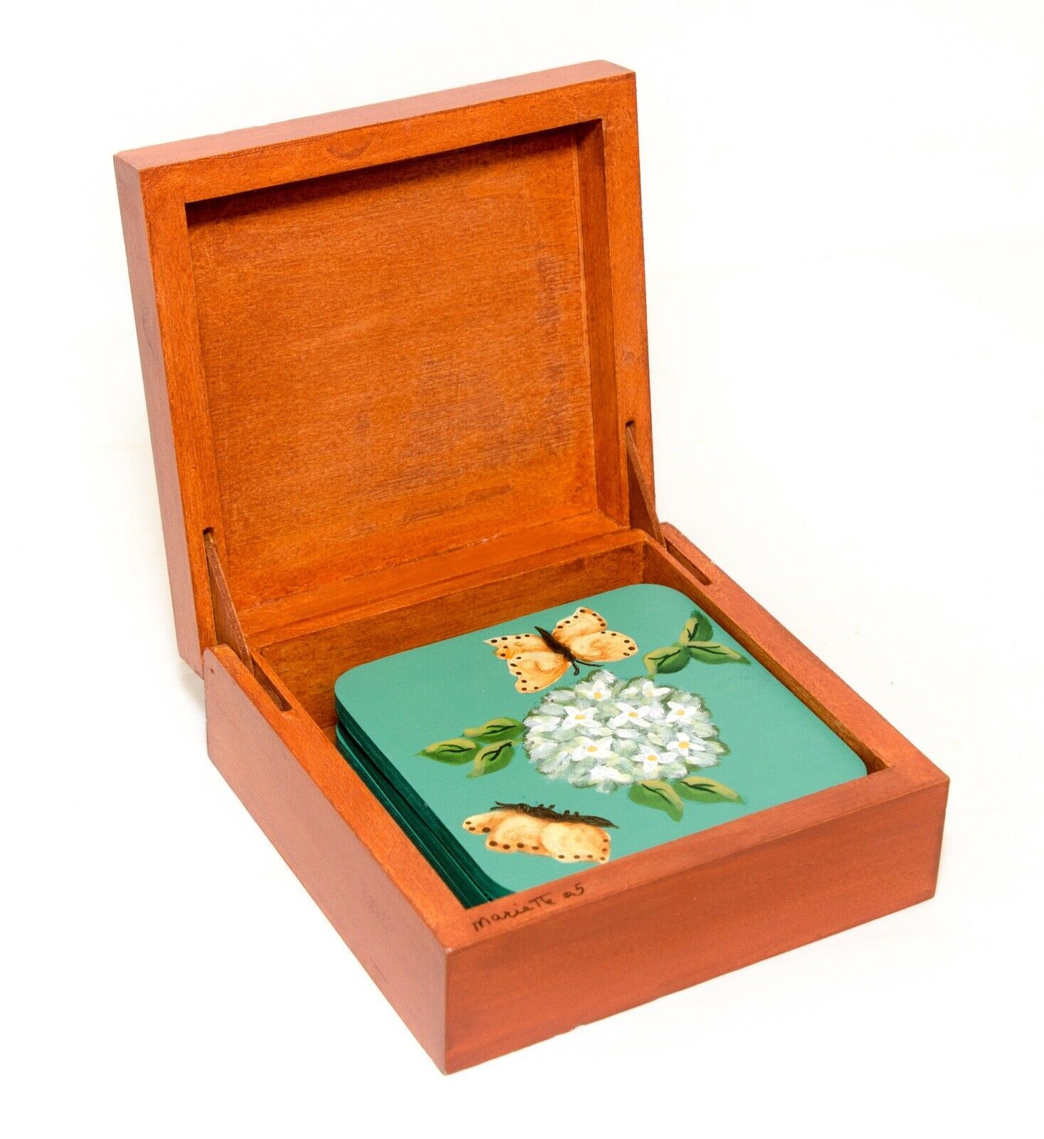Wood Coaster Set With Wooden Storage Box Set 4 Coasters Butterfly Hand Made - $14.82