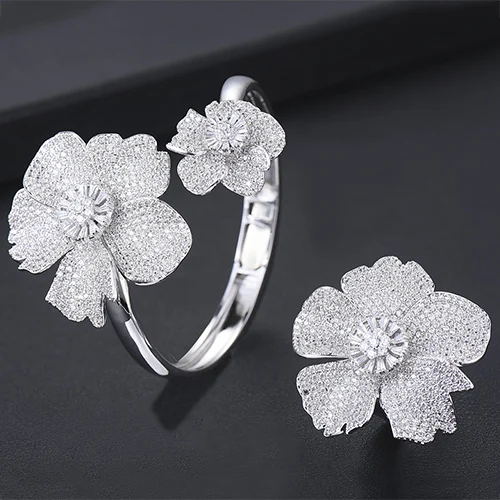 Luxury Charm Flowers Bangle Ring Earrings Jewelry Sets for Noble Women E... - £59.37 GBP