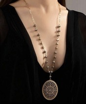Gold long necklace with bead crystals and cubic zirconia with mandala style - £12.65 GBP