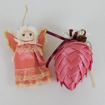 2 Handmade Pink Christmas Ornaments Angel with Wings Large Pinecone Hanging 6&quot; - £7.81 GBP