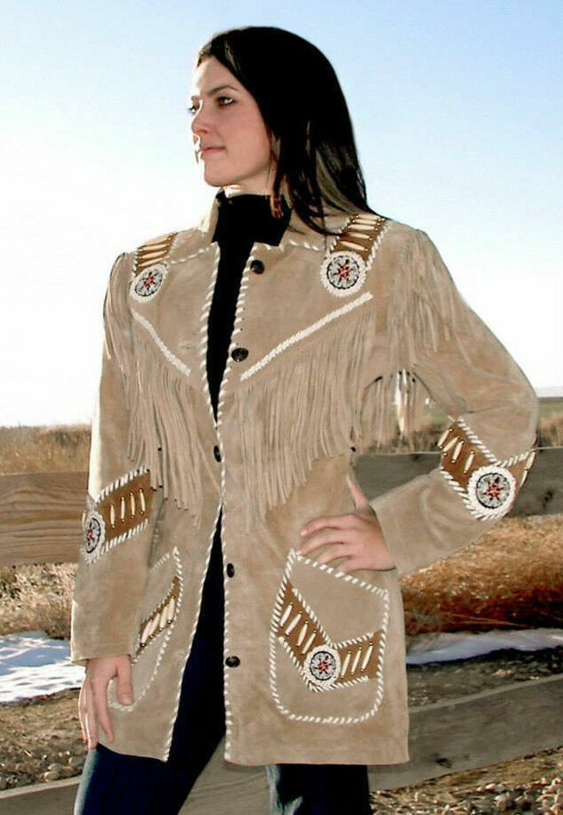 Beige Color Western Fringed Style Bone Beaded Patches Suede Real Leather Jacket