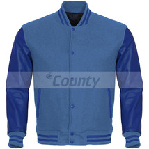 Varsity Bomber Letterman Baseball Jacket Sky Blue Body Blue Leather Sleeves - £75.50 GBP
