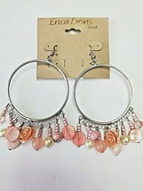 Erica Lyons Silver Tone French Wire Beaded Hoop Earrings Pink Rose Rhinestone - £10.67 GBP