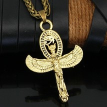 Mens Gold Isis Goddess Eye of Horus Ankh Cross Pendant Necklace Egyptian Jewelry - £14.07 GBP