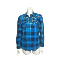 Cruel Girl Women Rodeo Western Shirt Pearl Snap Blue Yellow Plaid Size XL - $24.74