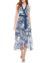 New Sandra Darren Blue White Floral Long Chiffon Belted Dress Size 14 Size 16 - £37.04 GBP