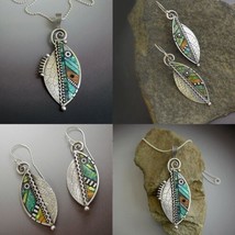 925 Silver Tribal Long Green Leaf Necklace &amp; Earring Set - £11.58 GBP