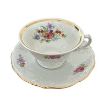 Vintage Walbrzych Footed Teacup Saucer Set White Floral Gold Trim Porcelain - £10.93 GBP