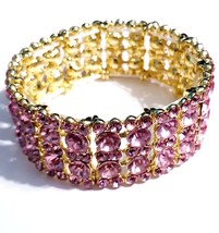Rhinestone Bracelet Stretch, Pink Statement Bracelet, Crystal Pageant Prom Jewel - £32.88 GBP
