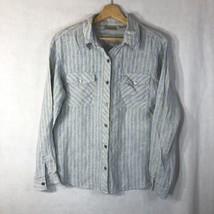 Chico&#39;s Size 1 Green Blue White Stripes Button Up Shirt 100% Linen - £19.46 GBP