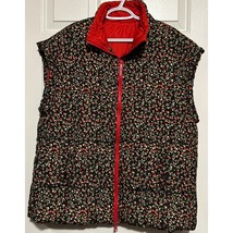 Women&#39;s Black Red Floral Zipper Puffer Vest Side Pockets Size L - $25.60 CAD