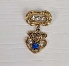 Vintage Gold Tone Costume bar Pin brooch heart Rhinestone blue white dangling - £7.88 GBP