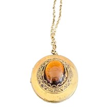 Vintage Gold Tone Locket Necklace With Amber Stone - £19.77 GBP