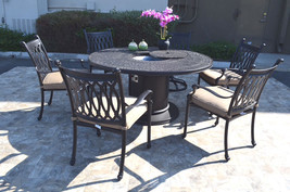 Cast Aluminum 7 Piece Round Propane Firepit Dining Table Grand Tuscany Set - $3,430.35