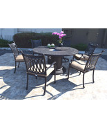 Cast Aluminum 7 Piece Round Propane Firepit Dining Table Grand Tuscany Set - £2,681.99 GBP
