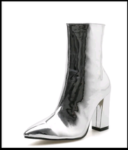  Metallic Silver Patent Leather Pointed Toe Block Heel Ankle Boots image 2