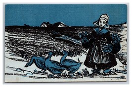 Blue Dutch Girl With Ducks Countryside by D Millson Linen Postcard H29 - £3.74 GBP