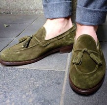 Classic Olive Tassels Loafer Handmade Leather Suede Wedding Shoe Party Wear Shoe - £111.88 GBP