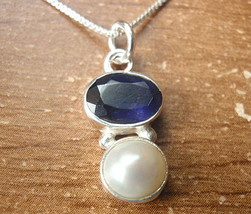 Small Faceted Iolite and Cultured Pearl 925 Sterling Silver Pendant a205j - £12.21 GBP