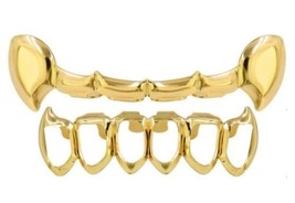 14K Gold Plated Mouth Teeth Grills Top Bridge Grillz + Open Face Lower Fangs Set - £12.63 GBP