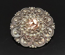 GREECE 925 Silver - Vintage Rose Tone Flower Marcasite Dome Brooch Pin - BP9985 - £55.43 GBP