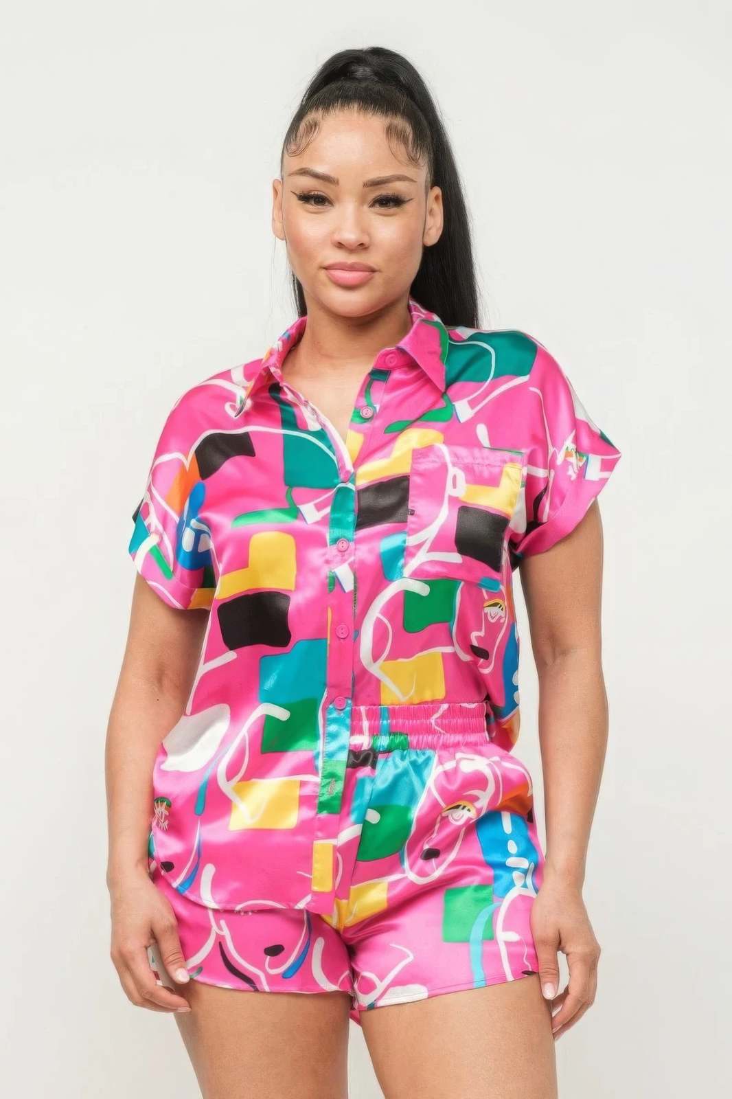 Satin Dolman Print Button Down Top And Shorts Set - $36.50