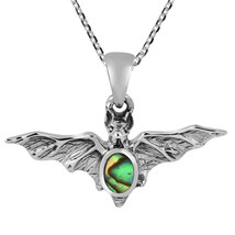 Vampire Bat Inlaid Rainbow Abalone Sterling Silver Pendant Necklace - $23.75