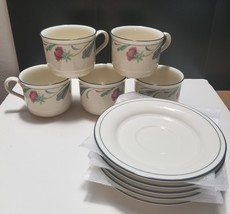Lenox Chinastone Poppies On Blue Flat Cup &amp; Saucer Lot Of 5 Usa 8 Oz - £29.81 GBP