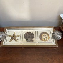 Beach Seaside MELAMINE Serving Tray - Shells Starfish Sand Dollar Metal Handles - £23.49 GBP