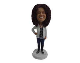 Custom Bobblehead Good Looking Lady Wearing A Jacket Over Her T-Shirt With Jeans - £70.97 GBP