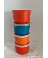 6 Vintage Tupperware Snack Cups Stackable 4 oz 1229 Blue 2 Red Orange - $16.19 CAD
