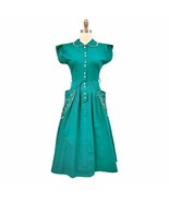 1940s VTG Green House Dress Big Pockets White Button Lace Trim Collar Sz S - $338.66 CAD