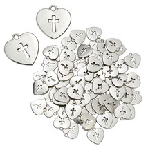 75 Pack Silver Religious Charms, Heart Shaped With Cross Cut Out For Easter - £22.92 GBP